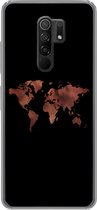 Geschikt voor Xiaomi Redmi 9 hoesje - Wereldkaart - Leer - Zwart - Siliconen Telefoonhoesje