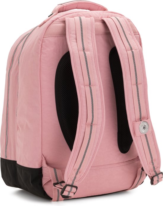 Arrière d'un sac à dos Kipling rose avec bretelles rembourrées, panneau dorsal en mesh et détails réfléchissants.