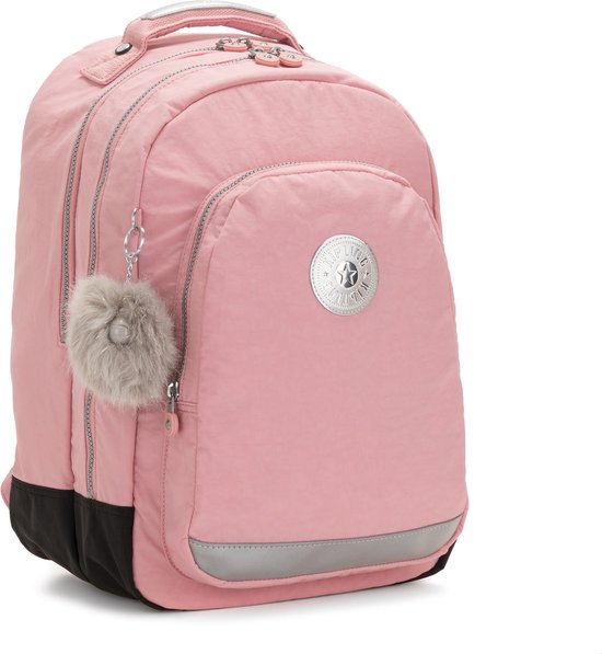Sac à dos Kipling rose avec porte-clés gris moelleux et logo Kipling argenté.
