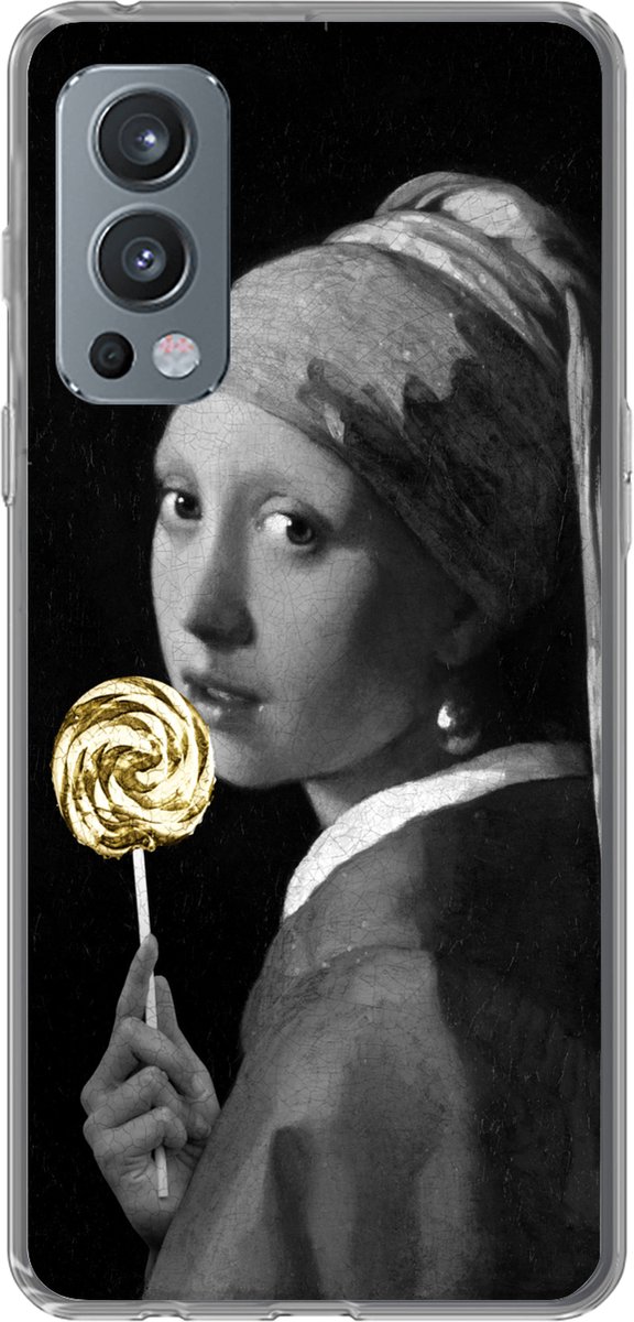 Telefoonhoesje Geschikt voor OnePlus Nord 2 5G hoesje - Meisje met de parel - Lolly - Black en gold - Siliconen Telefoonhoesje Telefoonhoesje
