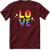 Love | Pride T-Shirt | Grappig LHBTIQ+ / LGBTQ / Gay / Homo / Lesbi Cadeau Shirt | Dames - Heren - Unisex | Tshirt Kleding Kado | - Burgundy - M