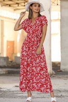 HASVEL - Rood/wit-Colourful Flower Maxi Dames Wikkeljurk - Maat 42-Overslag jurk-long wrap dress