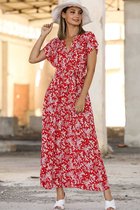 HASVEL - Rood/wit-Colourful Flower Maxi Dames Wikkeljurk - Maat 42-Overslag jurk-long wrap dress