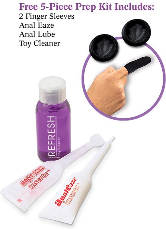 Gratis 5-delige prep kit met vingel sleeves, Anal Eaze, Anal Lube en toy cleaner.