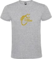 Grijs  T shirt met  " I'd rather be Fishing / ik ga liever vissen " print Goud size S