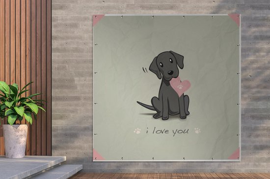 Tuinposter 200x200 cm - Tuindecoratie Een illustratie van een zwarte puppy met een hart - Poster voor in de tuin - Buiten decoratie - Schutting tuinschilderij - Tuindoek muurdecoratie - Wanddecoratie balkondoek