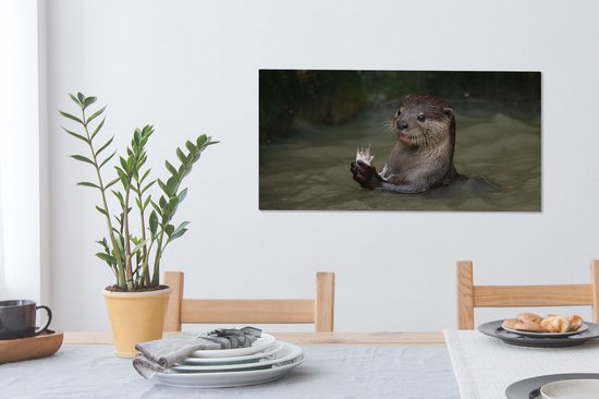 Tableau sur toile Loutre avec de la nourriture dans l'eau - 80x40 cm - Décoration murale