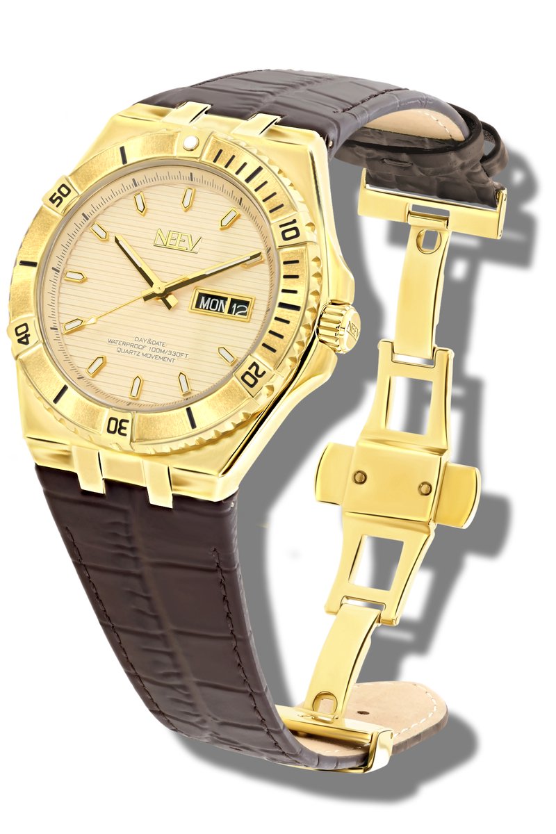 NEEV - Colmann | Goud horloge | Horloges voor Mannen | Ø42 mm | Bruin leren band | Vlindersluiting | Quartz | Polshorloges heren