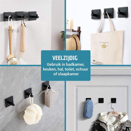Vannons - Handdoekhaakjes - Zelfklevende haakjes - Set van 6 haakjes - RVS - Zwart