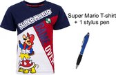 Super Mario Bross T-shirt - Kleur Donkerblauw - 100% Katoen. Maat 128 cm / 8 jaar + EXTRA 1 Stylus Pen.