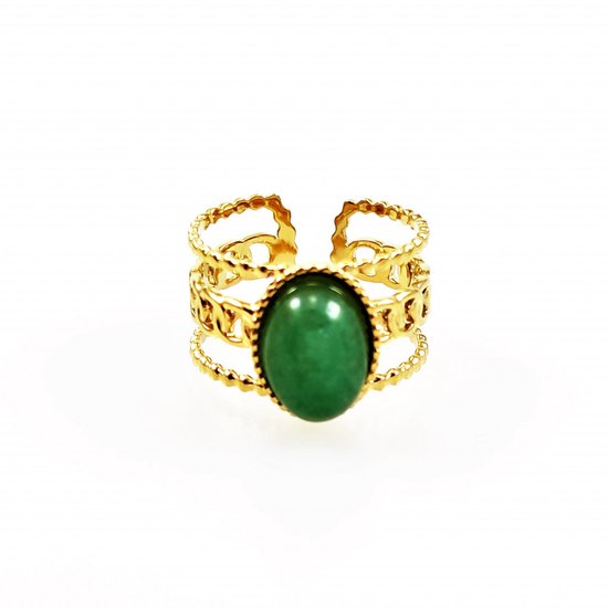 Ring Ajustable Femme - Acier Inoxydable Plaqué Or - Ring avec Natuursteen Verte Ovale