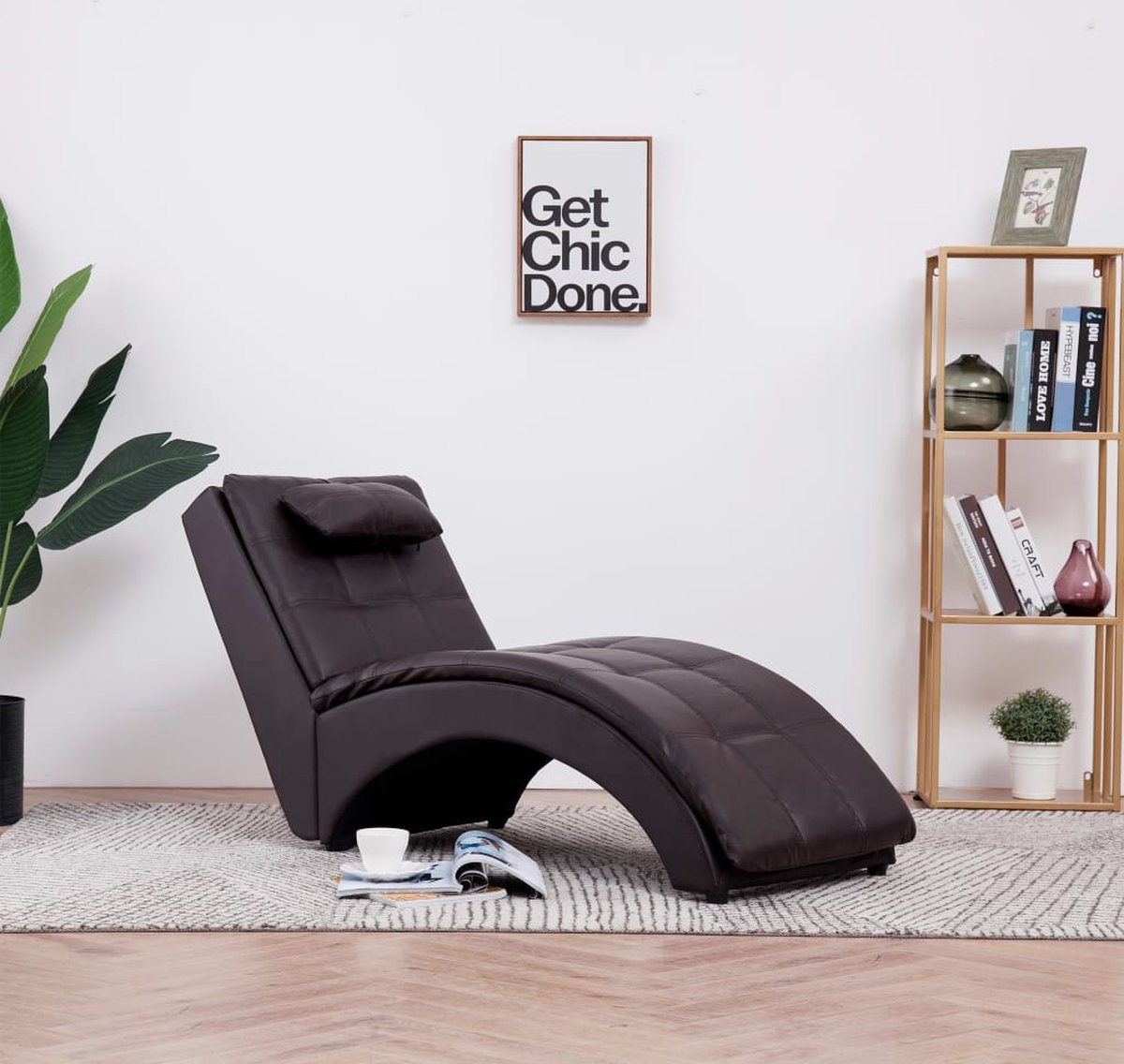 Chaise Longue Style Chesterfield - Simili Cuir - 168x58x77 Cm - Pieds En Bois - Couleurs Or, Crème, Marron