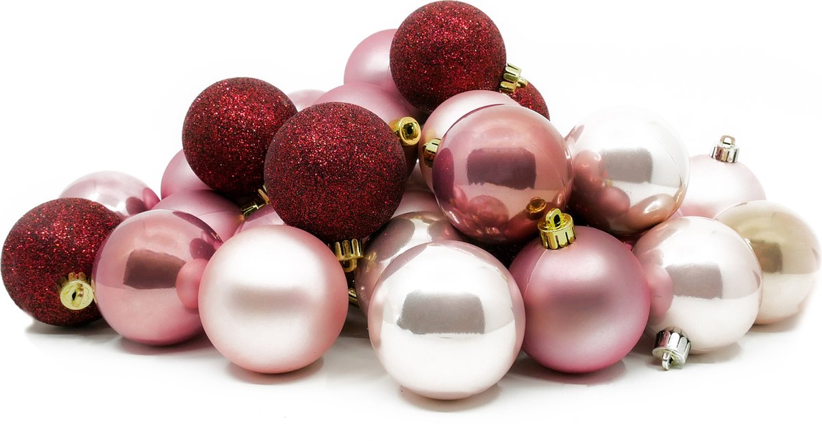 Plastic Kerstballen Set – 30 Stuks – Ø6 cm – Rood Roze / Wit / Zilver