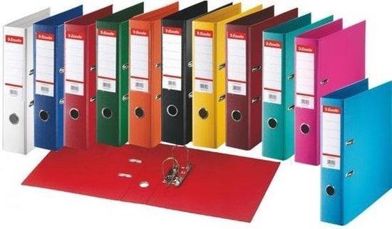 Rij met gekleurde archiefmappen, waaronder wit, blauw, rood, groen, oranje, zwart, geel, bordeaux, cyaan, roze en turquoise.