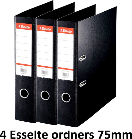 Drie zwarte Esselte ordners van 75 mm breed, met witte etiketten op de rug.