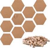 Navaris prikbord van kurk - 10 tegels zeshoekig - Kurken wandbord - Inclusief 50 houten punaises - 15 x 17 cm - Zelfklevend