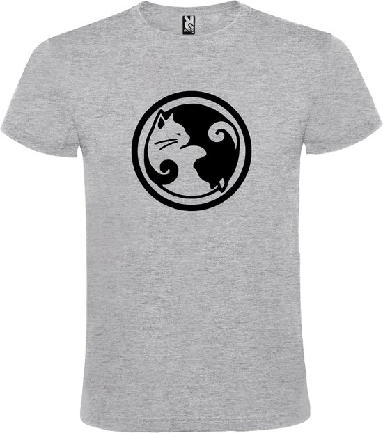 Grijs  T shirt met  "Ying Yang poezen" print Zwart size S