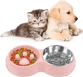 Anti-schrok dierenvoerbak - Hondenvoerbak - 14 CM Breedte Drinkbak en Voerbak - Voerbak - Slow feeder - Dubbele voerbak voor honden en katten - Voor rustiger en gezonder eten  - Roze