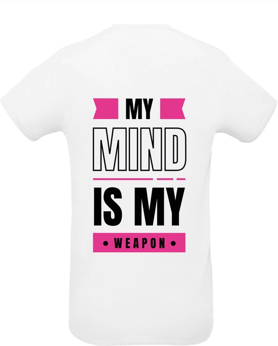 Huurdies Sportshirt | My mind is my weapon| maat  L| Bedrukkingskleur roze |  wit shirt