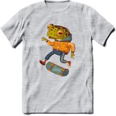 Casual kikker T-Shirt Grappig | Dieren reptiel Kleding Kado Heren / Dames | Animal Skateboard Cadeau shirt - Licht Grijs - Gemaleerd - M