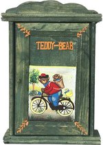 Houten Sleutelkastje "Old Look" groen met opdruk teddy beer op fiets