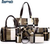 Bagimals Tassen Set - Schoudertas|Handtas|Portemonnee etc. - Dames 6-delige Set Schoudertas, Handtas en Portemonnee - Duurzaam en Stijlvol - PU Leer - Bruin, Zwart & Wit