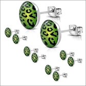Aramat jewels ® - Zweerknopjes leopard print groen zwart acryl staal 7mm