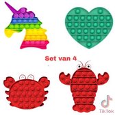 ESSENTIALS73 Fidget Pop It Set van 4: Unicorn Rainbow + Kreeft + Ananas + Vierkant Paars - Tiktok