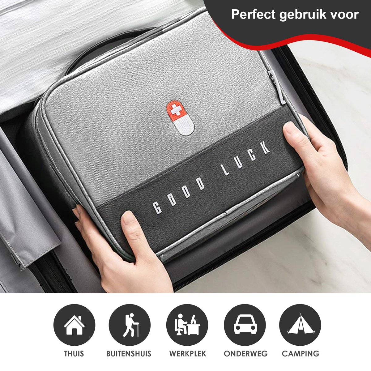 Good Luck EHBO Tas Leeg – Waterdichte Verbanddoos / Toilettas – EHBO Koffer Voor Thuis, Auto of Reizen – Compact & Draagbaar – 27x21x13,5 cm – Grijs – foto 5