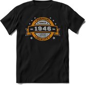 Premium Since 1946 T-Shirt | Goud - Zilver | Grappig Verjaardag Kleding Cadeau Shirt | Dames - Heren - Unisex Tshirt | - Zwart - XL