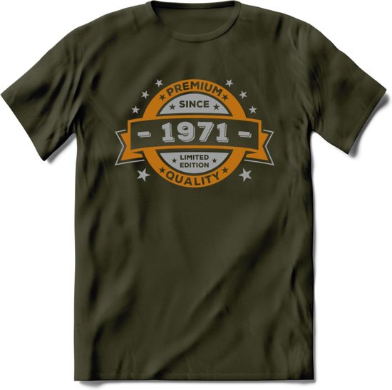 Premium Since 1971 T-Shirt | Goud - Zilver | Grappig Verjaardag Kleding Cadeau Shirt | Dames - Heren - Unisex Tshirt | - Leger Groen - XL