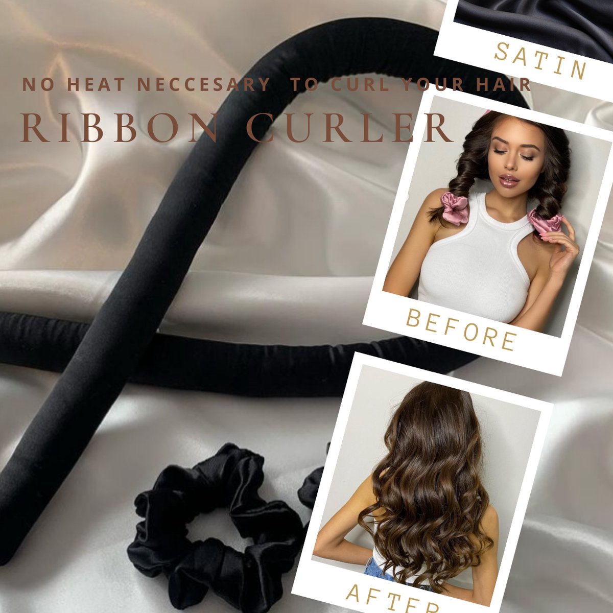 Heatless curls - Heatless curling ribbon - Heatless Haarkruller - Krullen zonder hitte - Zwart Zijde - NOIRIEUX®