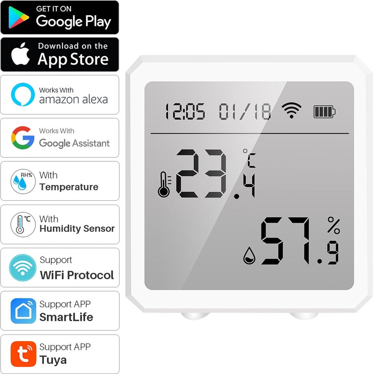 Capteur de température et d'humidité compatible avec Tuya WiFi et  Bluetooth, capteur de thermomètre et hygromètre pour Alexa Google Home  Smart Life