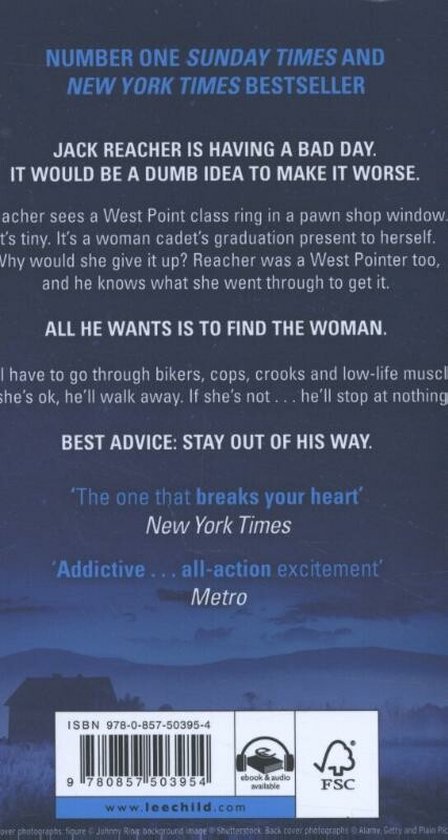 Achterkant van het boek 'The Midnight Line' van Lee Child met tekst over het verhaal en recensies.