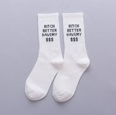 Elastische witte hoge sokken met grappige tekst. Bitch - Better havemy $$$. Maat 35 - 43