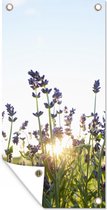 Tuinposter Close-up van lavendel tijdens zonsondergang - 40x80 cm - Wanddecoratie Buiten - Tuinposter - Tuindoek - Schuttingposter - Tuinschilderij
