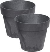 Set van 2x stuks kunststof bloempotten betonlook 14 cm antraciet grijs - Bloempotten/plantenpotten voor binnen en buiten