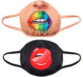 Mondmasker set van 2 (Regenboog Lippen + Rode Tong) (Ook leuk als verkleding) | Mondkapje Halloween Carnaval Verkleding | Stoffen mond-masker | Voor jong en oud face mask facial