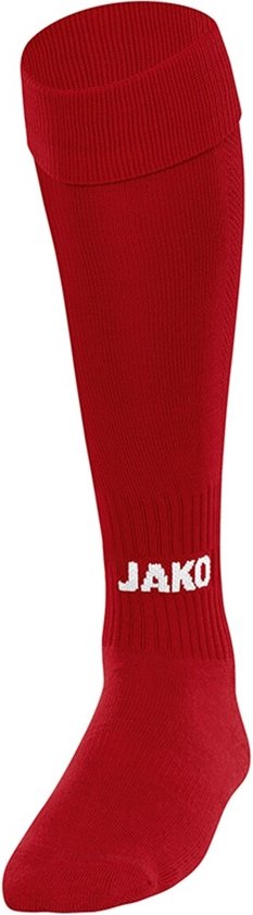 Chaussette de football rouge Jako avec logo J sur le mollet.