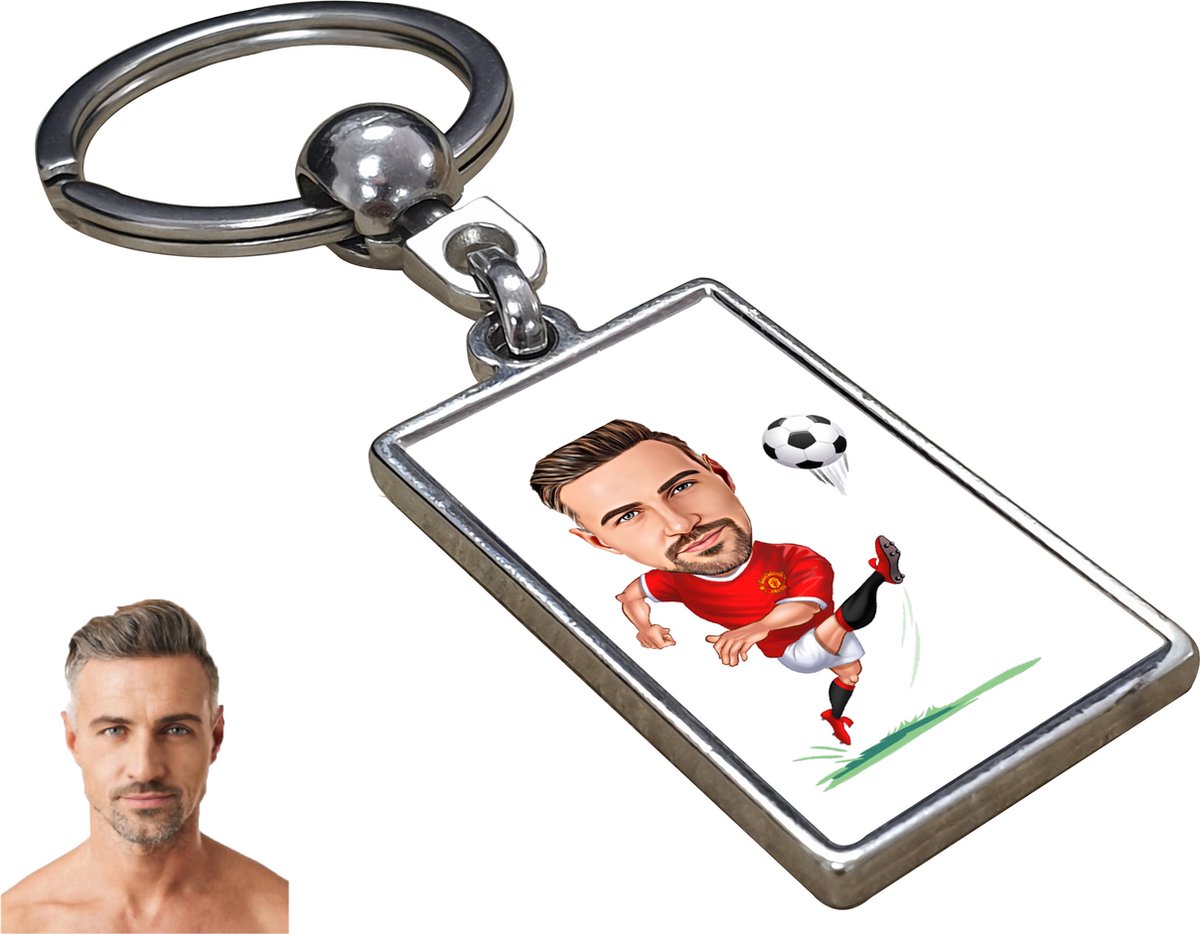 Voetballer Karikatuur Manchester United - Gepersonaliseerde Karikatuur Sleutelhanger met Jouw Foto - Cadeau - Verjaardag - Kerst - Kado - Valentijn - Vaderdag - Vaderdag cadeautje - Vaderdag cadeau voor papa - Gepersonaliseerd Cadeau