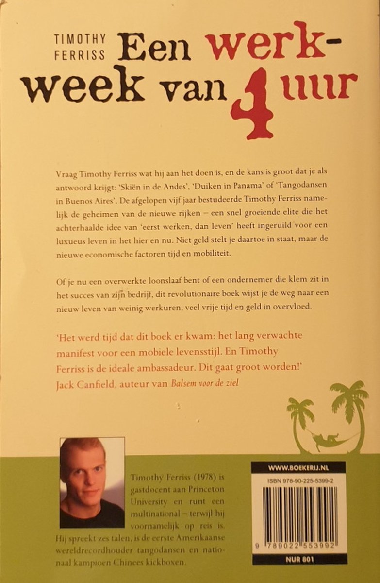 Achterkant van het boek 'Een werkweek van 4 uur' met een foto van de auteur.