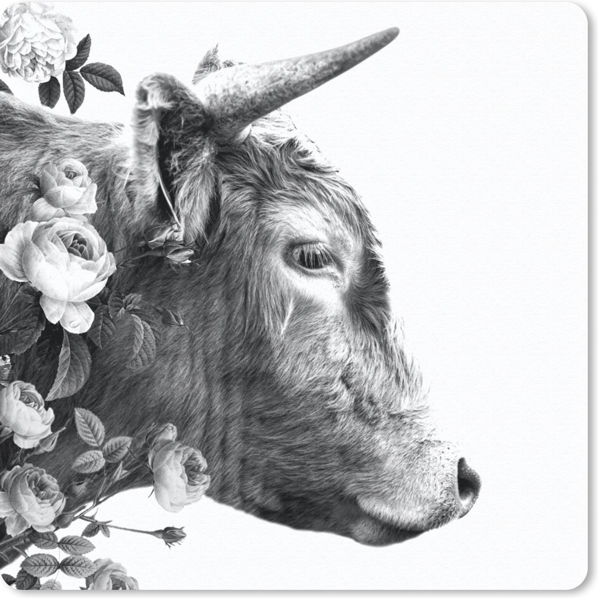 Muismat 20x20 cm - Mousepad Schotse hooglander - Bloemen - Zwart - Wit - Muismatten