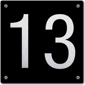 Huisnummerbord - huisnummer 13 - zwart - 12 x 12 cm - rvs look - schroeven - naambordje - nummerbord  - voordeur