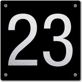 Huisnummerbord - huisnummer 23 - zwart - 12 x 12 cm - rvs look - schroeven - naambordje - nummerbord  - voordeur