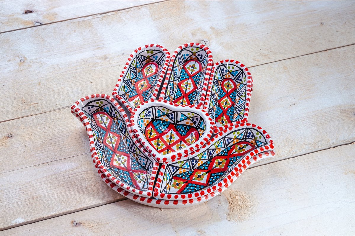 Souk Tajine - Unieke handgemaakte borrelschaal/tapasbord met losse schaaltjes - Het handje van Fatima -