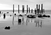 Dibond - Zee / Water / Strand - Strand in grijs / wit / zwart - 120 x 180 cm.