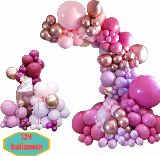 Baloba® Ballonnenboog Rose Goud, Paars, Fuchsia & Macaron Roze Ballonnen - Feest Versiering Pakket - Verjaardag Bruiloft Decoratie - 124 Ballonnen