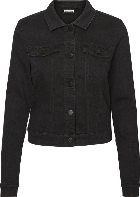 Donkergrijze denim spijkerjas met lange mouwen, knoopsluiting en twee borstzakken.