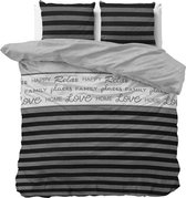1-persoons dekbedovertrek (dekbed hoes) grijs / zwart / antraciet gestreept (strepen) met teksten "love" FLANEL (warm en zacht voor de winter) 140 x 220 cm
