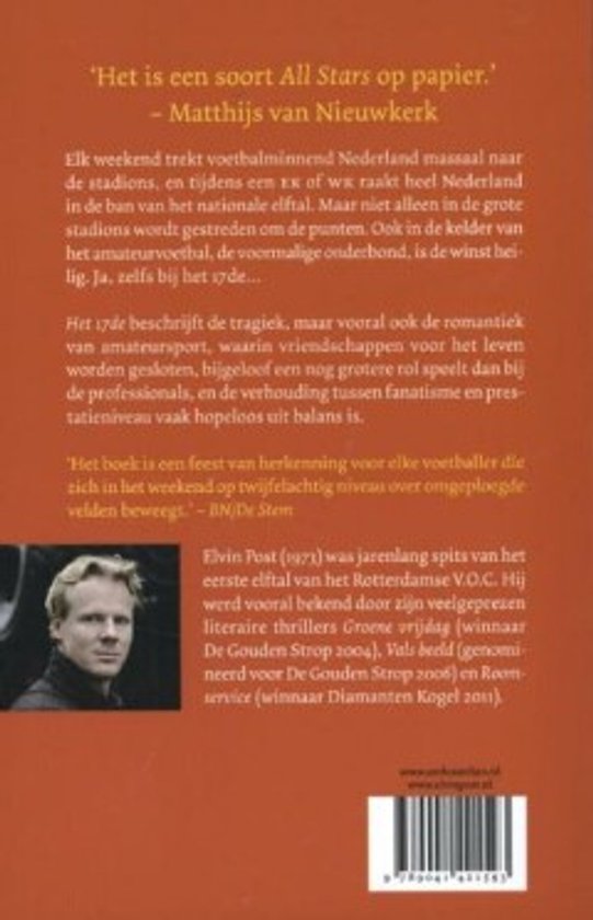 Boekomslag van 'Het 17de' met portret van Elvin Post en tekst over amateurvoetbal.